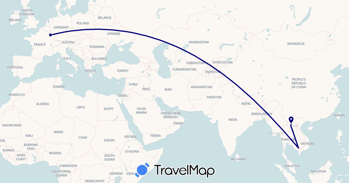TravelMap itinerary: driving in France, Cambodia, Laos (Asia, Europe)